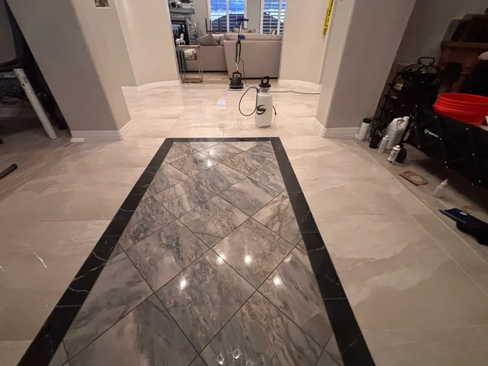 Polished marble entry floor after cleaning and sealing
